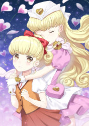 Rule 34 | 2girls, arms up, blonde hair, blue background, bracelet, brown eyes, closed eyes, commentary request, cowboy shot, dress, dual persona, gloves, gradient background, hand on another&#039;s arm, heart, heart background, hug, hug from behind, jewelry, layered dress, light particles, long hair, looking at viewer, moriya ririka, multiple girls, nurse angel, nurse angel ririka sos, orange vest, parted lips, pleated skirt, puffy short sleeves, puffy sleeves, purple background, purple dress, red skirt, school uniform, short sleeves, skirt, standing, unya (unya-unya), very long hair, vest, white gloves, white headwear