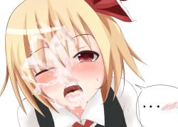 Rule 34 | 1girl, blonde hair, bow, cum, cum, facial, hyaa, looking at viewer, one eye closed, open mouth, red eyes, rumia, saliva, short hair, simple background, touhou, white background