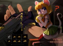 Rule 34 | 1boy 1girl, 2023, alternate species, animal ears, ashley graham, ass, blonde-female, blonde hair, blue eyes, blush, capcom, cheek bulge, cheese, colorful, crop top, eyelashes, female focus, fingerless gloves, food, furrification, furry, gameplay mechanics, gloves, green skirt, gun, human male, leon s. kennedy, looking at viewer, male focus, midriff, mouse ears, mouse girl, mouse tail, mousetrap, moushley, orange shirt, panties, pov, resident evil, resident evil 4, resident evil 4 (remake), resident evil 4 remake, shirt, short hair, signature, skeleion, skirt, tail, tail under skirt, thighhighs, underwear, upskirt, weapon