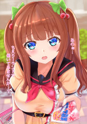 Rule 34 | .live, 1girl, basket, belt, blue eyes, blurry, blurry background, breasts, brown hair, hair ornament, hair ribbon, highres, kakyouin chieri, large breasts, long hair, looking at viewer, open mouth, pamphlet, ribbon, solo, tipo (tipoplaza), translation request, twintails, virtual youtuber