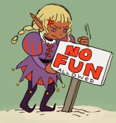Rule 34 | 11agares, 1boy, anger vein, angry, blonde hair, braid, coin (ornament), dark-skinned male, dark skin, dungeon meshi, elf, jester, jester costume, long hair, long sleeves, male focus, meme, no fun allowed (meme), pointy ears, puff and slash sleeves, puffy sleeves, purple eyes, purple tunic, sign, simple background, solo, thistle (dungeon meshi)