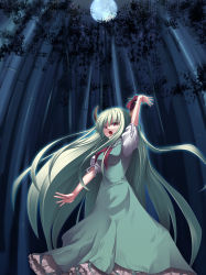 Rule 34 | 1girl, absurdres, bamboo, bamboo forest, date hajime, ex-keine, female focus, forest, green hair, highres, horn ornament, horn ribbon, horns, kamishirasawa keine, long hair, moon, nature, red eyes, ribbon, solo, touhou