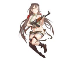 Rule 34 | 1girl, assault rifle, asymmetrical legwear, bare shoulders, black socks, boots, breasts, brown eyes, brown footwear, brown hair, brown shorts, cancer (zjcconan), cleavage, damaged, full body, girls&#039; frontline, gloves, goggles, goggles on head, green shirt, grey gloves, gun, hair between eyes, hair ornament, holding, holding gun, holding weapon, kalashnikov rifle, kneehighs, large breasts, long hair, looking at viewer, low-tied long hair, mismatched legwear, navel, official art, open mouth, rifle, shirt, shorts, single boot, single glove, sleeveless, sleeveless shirt, socks, solo, star (symbol), star hair ornament, stomach, thigh strap, thighhighs, torn clothes, torn gloves, torn legwear, torn shirt, torn shorts, transparent background, twintails, type 56-1 (girls&#039; frontline), type 56 assault rifle, uneven legwear, weapon