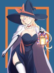 Rule 34 | 1girl, alternate costume, black dress, black hat, blonde hair, blue background, blue eyes, breasts, candle, cape, commentary request, cowboy shot, dress, elbow gloves, gloves, hair between eyes, hat, highres, kantai collection, lantern, large breasts, long hair, looking at viewer, mole, mole under eye, mole under mouth, multicolored clothes, multicolored gloves, richelieu (kancolle), shingyou (alexander-13), solo, strapless, strapless dress, thighhighs, two-tone gloves, two-tone legwear, white cape, witch hat