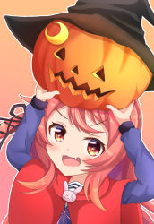 Rule 34 | 1girl, :d, arms up, black hat, blue shirt, blush, cloak, commentary request, crescent moon, fang, hat, hood, hood down, hooded cloak, jack-o&#039;-lantern, kantai collection, long hair, long sleeves, looking at viewer, moon, open mouth, red cloak, red eyes, red hair, shirt, sills, smile, solo, uzuki (kancolle), v-shaped eyebrows, witch hat