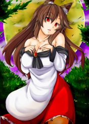 Rule 34 | 1girl, animal ears, bad id, bad pixiv id, bare shoulders, breasts, brooch, brown hair, cleavage, collarbone, fang, full moon, hands on own chest, imaizumi kagerou, jewelry, large breasts, long hair, long sleeves, looking at viewer, memento mori (m.m), moon, nail polish, night, off shoulder, open mouth, red eyes, red nails, shirt, skirt, sky, solo, tail, touhou, wide sleeves, wolf ears, wolf tail