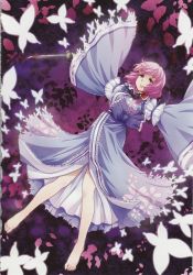 Rule 34 | 1girl, absurdres, barefoot, blood, bug, butterfly, cherry blossoms, floral print, flower, highres, bug, japanese clothes, lying, mikagami hiyori, no headwear, petals, pink eyes, pink hair, ribbon, saigyouji yuyuko, saigyouji yuyuko (living), scan, short hair, solo, suicide, sword, touhou, weapon, wide sleeves