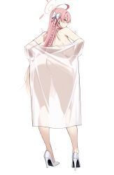 Rule 34 | 1girl, absurdres, ahoge, ass, ateoyh, blue archive, breasts, full body, green eyes, hanako (blue archive), high heels, highres, huge breasts, long hair, looking back, naked shirt, pink hair, see-through, see-through shirt, shirt, simple background, solo, sweat, thighs, white background, white footwear