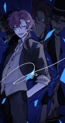 Rule 34 | 1boy, black gloves, black jacket, black pants, black sclera, blue background, blue eyes, blue theme, broken glass, bungou stray dogs, closed eyes, closed mouth, collared shirt, colored sclera, fang, glass, gloves, hand in pocket, highres, jacket, lie nnn, long hair, male focus, nakahara chuuya, open mouth, pants, shirt, sleeves rolled up, smile, sweatdrop, white shirt