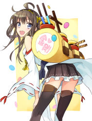 Rule 34 | 10s, 1girl, bad id, bad pixiv id, brown hair, candy, checkerboard cookie, cookie, food, hairband, kantai collection, kongou (kancolle), long hair, looking back, ninomoto, nontraditional miko, smile, solo, thighhighs, translated, wafer stick, zettai ryouiki
