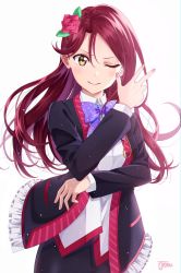 Rule 34 | 0w0 jomu, 1girl, artist name, artist request, black jacket, black pants, blue neckwear, blush, brown hair, collared shirt, dress shirt, female focus, flower, guilty kiss (love live!), hair between eyes, hair flower, hair ornament, highres, jacket, long hair, looking at viewer, love live!, love live! school idol festival, love live! sunshine!!, midriff, nail polish, nails, navel, ojomu, one eye closed, open clothes, open jacket, pants, parted lips, pink nails, red flower, red hair, rose, sakurauchi riko, shirt, solo, v, w, white background, white shirt, wing collar, yellow eyes