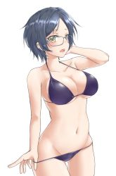 Rule 34 | 1girl, adjusting clothes, adjusting swimsuit, aimobake, arm behind back, bad id, bad twitter id, bespectacled, bikini, black hair, breasts, cleavage, glasses, grey-framed eyewear, hayami kanade, highres, idolmaster, idolmaster cinderella girls, large breasts, looking at viewer, navel, open mouth, parted bangs, pulling own clothes, short hair, simple background, skindentation, solo, standing, string bikini, swimsuit, thigh gap, white background, yellow eyes