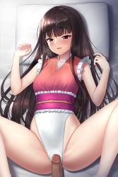 Rule 34 | 1boy, 1girl, :d, alternate costume, azure-maya, bare shoulders, barefoot, bed, belt, black hair, blush, breasts, frills, heart, hetero, highres, houraisan kaguya, long hair, looking at viewer, lying, medium breasts, missionary, on back, one-piece swimsuit, open mouth, penis, pillow, pink belt, pink one-piece swimsuit, pov, red eyes, smile, speech bubble, spread legs, swimsuit, textless version, touhou, touhou tag dream, white one-piece swimsuit, wrestling outfit