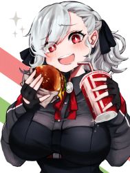 Rule 34 | 1girl, asymmetrical bangs, bad id, bad pixiv id, bendy straw, black gloves, black ribbon, blush, breasts, burger, buttons, condensation, cup, disposable cup, drinking straw, dripping, eyelashes, fingerless gloves, food, girls&#039; frontline, gloves, hair ribbon, heart, heart-shaped pupils, holding, kairi630, large breasts, long sleeves, red eyes, red neckwear, ribbon, saliva, silver hair, solo, sparkle, spas-12 (girls&#039; frontline), symbol-shaped pupils, upper body
