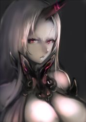 Rule 34 | 10s, 1girl, abyssal ship, breasts, cleavage, colored skin, highres, horns, huge breasts, kantai collection, long hair, portrait, red eyes, seaport water oni, single horn, solo, sumisu (mondo), upper body, white hair, white skin