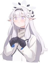 Rule 34 | 1girl, black gloves, black hairband, blue archive, blush, closed mouth, flower, gloves, grey hair, hair flower, hair ornament, hairband, halo, highres, himari (blue archive), long hair, long sleeves, mole, mole under eye, own hands together, pointy ears, purple eyes, riya (01214), sidelocks, simple background, solo, upper body, very long hair, white background