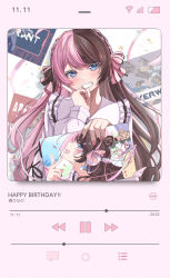 Rule 34 | anku, apex legends, bloodhound (apex legends), blue eyes, blush, brown hair, brown nails, fake screenshot, frilled shirt, frills, hand on own chin, happy birthday, head tilt, highres, holding, holding photo, iris black games, jett (valorant), looking at viewer, mei (overwatch), multicolored hair, multicolored nails, nail polish, overwatch, photo (object), pink hair, pink nails, poster (object), purple shirt, reinhardt (overwatch), shirt, smile, split-color hair, tachibana hinano (vtuber), valorant, virtual youtuber, vspo!