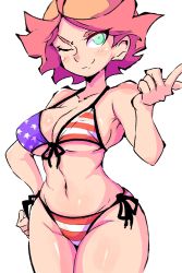 Rule 34 | 1girl, alternate costume, amanda o&#039;neill, american flag, american flag bikini, american flag print, bikini, blush, breasts, brown hair, closed mouth, collarbone, female focus, flag print, green eyes, groin, hand on own hip, highres, large breasts, little witch academia, looking at viewer, navel, one eye closed, short hair, side-tie bikini bottom, simple background, smile, smirk, solo, swimsuit, textless version, tomozawa mamoru, twitter, white background