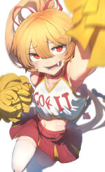 Rule 34 | 1girl, absurdres, blonde hair, cheerleader, clothes writing, collarbone, commentary request, fang, flandre scarlet, hair between eyes, hair ribbon, highres, holding, holding pom poms, long hair, looking at viewer, navel, open mouth, pom pom (cheerleading), pom poms, ponytail, red eyes, red ribbon, red skirt, ribbon, shirt, simple background, skirt, solo, sotatsudraw, thighhighs, touhou, white background, white shirt, white thighhighs