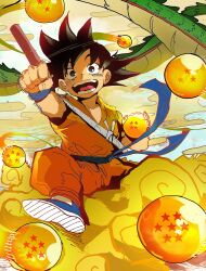 Rule 34 | 1boy, absurdres, black eyes, black hair, blue footwear, blue sash, blue wristband, boots, child, clenched hand, cloud, dougi, dragon ball, dragon ball (classic), dragon ball (object), floating clothes, flying, flying nimbus, full body, highres, holding, holding dragon ball, isaacchief300, looking at viewer, monkey boy, open mouth, outdoors, outstretched arm, riding, ruyi jingu bang, sash, shenron (dragon ball), shoe soles, sky, smile, solo, son goku, speed lines, spiked hair, spread legs, strap, teeth, tongue, two-tone eyes, wristband, yellow sky