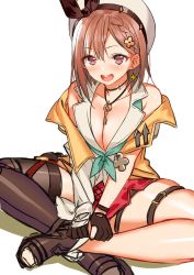 Rule 34 | 1girl, akusema, asymmetrical footwear, atelier (series), atelier ryza, blush, breasts, brown gloves, brown hair, cleavage, collarbone, gloves, highres, jewelry, key, key necklace, large breasts, looking at viewer, necklace, open mouth, red shorts, reisalin stout, ribbon, short shorts, shorts, single thighhigh, solo, thick thighs, thighhighs, thighs, uneven footwear