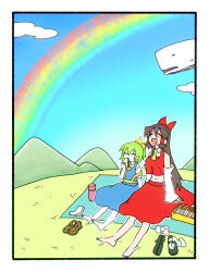 Rule 34 | 2girls, :d, ascot, barefoot, bento, black footwear, blue skirt, blue sky, blue vest, blush, border, bow, brown footwear, brown hair, closed eyes, cloud, collared shirt, colored skin, commentary request, cookie (touhou), daiyousei, day, detached sleeves, diyusi (cookie), eating, food, frilled bow, frills, full body, gedougawa, grass, green hair, hair between eyes, hair bow, hair tubes, hakurei reimu, highres, hill, holding, holding food, loafers, long bangs, long hair, mountain, multiple girls, navel, noel (cookie), off (game), offside: diyusi, open mouth, outdoors, picnic, rainbow, red bow, red shirt, red skirt, sandwich, shirt, shoes, sidelocks, sitting, skirt, sky, sleeveless, sleeveless shirt, smile, socks, unworn socks, touhou, vest, whale, whale (off), white border, white skin, white sleeves, white socks, yellow ascot