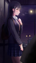 Rule 34 | 1girl, bag, black hair, black jacket, blazer, blue skirt, blush, breasts, buttons, carrying bag, cloud, cloudy sky, collared shirt, cowboy shot, gnns, hair ornament, hairclip, hand on own chest, highres, jacket, lamppost, light, long hair, looking afar, medium breasts, night, night sky, original, parted lips, plaid, plaid skirt, pleated skirt, school bag, school uniform, shirt, skirt, sky, star (sky), starry sky, station, straight hair, sweater, virtual youtuber, white shirt, yellow eyes, yellow sweater
