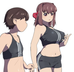 Rule 34 | 2girls, :o, bike shorts, black shorts, black sports bra, blurry, blurry foreground, breasts, brown eyes, brown hair, commentary, depth of field, english commentary, flat chest, girls und panzer, grabbing own breast, groin, highres, huaronanago, isobe noriko, kondou taeko, large breasts, looking at another, looking back, medium hair, medium support (meme), meme, midriff, mixed-language commentary, multiple girls, navel, open mouth, short hair, shorts, simple background, sports bra, standing, white background