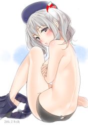 Rule 34 | 10s, 1girl, 2016, :&lt;, ama mitsuki, ass, ass cutout, back, bare legs, barefoot, beret, black bow, black panties, blue hat, blue skirt, blush, body blush, bow, bow panties, breasts, buckle, clothing cutout, crossed arms, dated, dimples of venus, expressionless, from behind, grey eyes, half-closed eyes, hat, hat bow, head tilt, kantai collection, kashima (kancolle), keyhole, keyhole panties, knee up, lingerie, lips, looking at viewer, looking back, panties, pleated skirt, short hair, short twintails, silver hair, simple background, sitting, skirt, skirt around one leg, solo, topless, tsurime, twintails, underwear, unfastened, unworn skirt, wavy mouth, white background