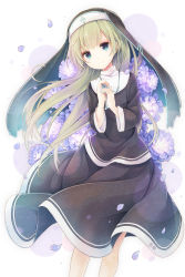 Rule 34 | 1girl, black dress, blush, closed mouth, commentary request, dress, flower, green eyes, green hair, habit, hands up, head tilt, leaning to the side, long hair, looking at viewer, nun, original, own hands together, petals, purple flower, solo, standing, very long hair, white background, yonema