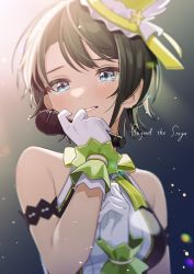 Rule 34 | 1girl, arm strap, backlighting, bare shoulders, black hair, blue eyes, blush, bow, bowtie, collared dress, commentary request, dress, gloves, green bow, green bowtie, hair between eyes, hat, highres, holding, holding microphone, hololive, idol, idol clothes, looking at viewer, microphone, mini hat, official alternate costume, oozora subaru, shigure ui, short hair, sidelocks, smile, solo, sparkle, swept bangs, virtual youtuber, white gloves