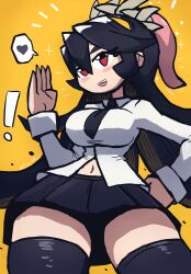 Rule 34 | 1girl, absurdres, black hair, black necktie, black skirt, black thighhighs, breasts, colored sclera, cowboy shot, female focus, filia (skullgirls), highres, large breasts, long hair, long sleeves, miniskirt, necktie, open mouth, red eyes, samson (skullgirls), sharp teeth, shiny clothes, shiny skin, shirt, skirt, skullgirls, smile, solo, teeth, thick thighs, thighhighs, thighs, tongue, tongue out, tony welt, upper teeth only, white shirt, wide hips, yellow background, yellow sclera, zettai ryouiki