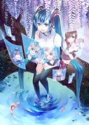 Rule 34 | 1girl, barefoot, blue eyes, blue hair, female focus, fish, gumi, hatsune miku, hatsune miku (append), hologram, holographic monitor, kagamine len, kagamine rin, kai (pixiv93444), kaito (vocaloid), kamui gakupo, koi, lily (vocaloid), long hair, matching hair/eyes, megurine luka, meiko (vocaloid), nature, outdoors, parted lips, sf-a2 miki, sitting, soaking feet, solo, thighhighs, tree, twintails, very long hair, vocaloid, vocaloid append, water, wet, wet hair