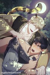 Rule 34 | 2boys, absurdres, black hair, blonde hair, blush, cloth pull, collarbone, copyright name, full moon, highres, japanese clothes, kimono, lee seok-joon, looking at another, male focus, moon, multiple boys, night, o ssion, open mouth, sharp teeth, sweatdrop, swim in the scent, tail, teeth, tiger boy, tiger tail, tree, tree shade, twitter username, yaoi, yea ji-hoo