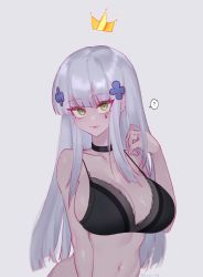Rule 34 | 1girl, ?, absurdres, black bra, black choker, bra, breasts, choker, cleavage, closed mouth, collarbone, eonsang, facial mark, girls&#039; frontline, green eyes, grey background, hair ornament, highres, hk416 (girls&#039; frontline), jewelry, large breasts, long hair, looking at viewer, navel, ring, silver hair, simple background, solo, spoken question mark, underwear, upper body, wedding band