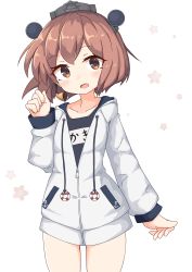 Rule 34 | 1girl, absurdres, anchor symbol, black one-piece swimsuit, blush, brown eyes, brown hair, collarbone, commentary request, cowboy shot, drawstring, hand up, headgear, highres, hood, hood down, hooded jacket, ichi (ichi.colors), jacket, kantai collection, lifebuoy, long sleeves, looking at viewer, name tag, old school swimsuit, one-piece swimsuit, open clothes, open jacket, open mouth, school swimsuit, sleeves past wrists, solo, speaking tube headset, swim ring, swimsuit, swimsuit under clothes, teeth, upper teeth only, white jacket, yukikaze (kancolle)
