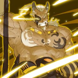 Rule 34 | 1boy, arm up, armpits, aura, bara, bodypaint, broken horn, character request, dark-skinned male, dark skin, demon boy, dragalia lost, electricity, electrokinesis, eye trail, fighting stance, frown, gradient horns, grin, highres, horns, large pectorals, light trail, long mustache, looking at viewer, low ponytail, male focus, mask over one eye, mature male, multicolored horns, muscular, muscular male, mustache, old, old man, oni, pectorals, piikeisandaa, scar, scar on arm, skin-covered horns, smile, solo, thick arms, thick mustache, v-shaped eyebrows, yellow aura