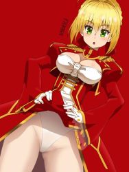 Rule 34 | 1girl, ahoge, awa, blonde hair, braid, breasts, cleavage, dress, epaulettes, fate/extra, fate (series), gloves, green eyes, hair intakes, hair ribbon, looking at viewer, nero claudius (fate), nero claudius (fate) (all), nero claudius (fate/extra), open mouth, red dress, ribbon, short hair, simple background, solo