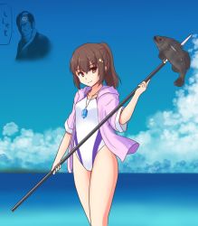 Rule 34 | 1girl, brown eyes, brown hair, character request, cloud, competition swimsuit, fish, hood, hooded jacket, hoodie, isaki (gomi), jacket, jewelry, long hair, one-piece swimsuit, pendant, polearm, ponytail, smile, spear, standing, swimsuit, touhou, weapon