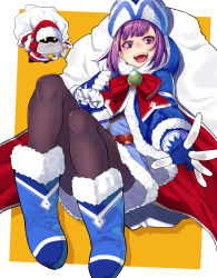 Rule 34 | 1girl, :d, blue dress, blue footwear, blue gloves, blush, boots, border, brown pantyhose, cape, dot nose, dress, fate/grand order, fate (series), fur-trimmed boots, fur trim, gloves, hat, helena blavatsky (fate), highres, holding, holding sack, hood, hood up, looking at viewer, mikan (chipstar182), nose blush, open mouth, pantyhose, purple eyes, purple hair, red cape, sack, simple background, smile, solo, white border, yellow background