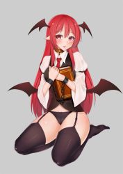 Rule 34 | 1girl, bad id, bad pixiv id, black panties, blush, book, breasts, cameltoe, collar, colored eyelashes, cuffs, eyebrows, full body, garter straps, head wings, highres, holding, holding book, kneeling, koakuma, long hair, medium breasts, necktie, no pants, panties, pointy ears, pomie de sunny, puffy sleeves, red eyes, red hair, solo, thighhighs, tongue, tongue out, touhou, underwear, wings