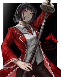 Rule 34 | absurdres, black hair, black pants, bob cut, coat, collared shirt, e.g.o (project moon), frilled sleeves, frills, grin, highres, holding, holding sword, holding weapon, jacket, katana, limbus company, lobotomy corporation, looking to the side, na-gyou (nunumaru), necktie, pants, project moon, red coat, red eyes, red necktie, ryoshu (project moon), shirt, short hair, smile, sword, the red shoes (project moon), weapon, white jacket, white shirt