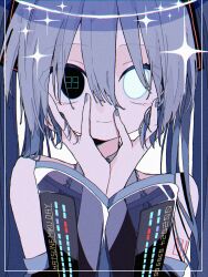 Rule 34 | 1girl, 39, absurdres, alternate eye color, bare shoulders, black eyes, closed mouth, commentary, dated, dress, grey hair, grey nails, grey shirt, hair between eyes, hair ornament, halo, hands on own cheeks, hands on own face, hatsune miku, hatsune miku (vocaloid3), heterochromia, highres, inset border, long hair, long sleeves, looking at viewer, miku day, number in eye, number tattoo, see-through, see-through sleeves, shiro kuro (shirokuro 3939), shirt, shoulder tattoo, sleeveless, sleeveless dress, solo, sparkle, straight-on, symbol-only commentary, tattoo, twintails, upper body, vocaloid, white eyes