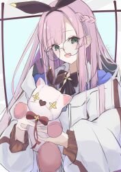 Rule 34 | 1girl, :d, absurdres, arcaea, bespectacled, black bow, black bowtie, black hairband, bow, bowtie, braid, collared shirt, culumi 0416, drawstring, french braid, glasses, green eyes, hairband, highres, holding, holding stuffed toy, hood, hood down, hooded jacket, jacket, kou (arcaea), long hair, open mouth, pink hair, shirt, smile, solo, stuffed toy, upper body, white jacket, white shirt
