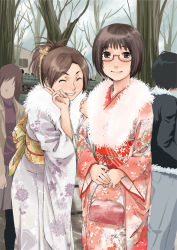 Rule 34 | 2girls, bag, brown hair, glasses, handbag, japanese clothes, kasuga shun, kimono, multiple girls, short hair, tree