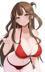 Rule 34 | 1girl, arm at side, bare arms, bare shoulders, bikini, blue eyes, blunt bangs, breasts, brown hair, cleavage, closed mouth, collarbone, commentary request, cowboy shot, flower-shaped pupils, flower knot, hair ornament, halterneck, highres, large breasts, leaning forward, light blush, long hair, looking at viewer, multicolored hair, navel, red bikini, red hair, senran kagura, senran kagura new link, sidelocks, simple background, smile, solo, standing, stomach, streaked hair, surippa1010, swimsuit, symbol-shaped pupils, toki (senran kagura), two-tone hair, very long hair, white background