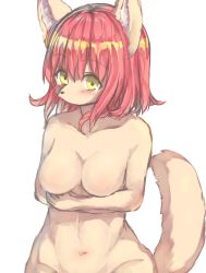Rule 34 | 1girl, artist request, breasts, covering privates, covering breasts, furry, furry female, highres, red hair, solo, yellow eyes