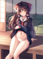 Rule 34 | 1girl, absurdres, bikini, bikini bottom only, bikini under clothes, bow, breasts, brown hair, closed mouth, clothes lift, crossed bangs, day, floating hair, foreshortening, frilled bow, frills, hair bow, hair tubes, hakurei reimu, highres, large breasts, lifted by self, light particles, liya, long hair, long sleeves, navel, pleated skirt, raised eyebrows, red bow, red neckwear, sailor collar, school uniform, serafuku, side-tie bikini bottom, sitting, skirt, skirt lift, solo, sunlight, swimsuit, tatami, thighs, touhou, white bikini, wooden floor