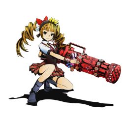 Rule 34 | 10s, 1girl, black hairband, blonde hair, bow, brown eyes, divine gate, drill hair, full body, gun, hair bow, hairband, holding, holding gun, holding weapon, long hair, looking at viewer, machine gun, mayu (road to dragons), necktie, official art, on one knee, pleated skirt, red bow, red necktie, road to dragons, school uniform, shadow, skirt, smile, solo, thigh strap, transparent background, twin drills, ucmm, weapon
