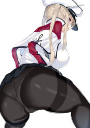 Rule 34 | 1girl, absurdres, ass, black pantyhose, blue eyes, blush, breasts, commentary request, graf zeppelin (kancolle), hat, highres, kantai collection, large breasts, long hair, long sleeves, looking at viewer, looking back, maruyaa (malya1006), pantyhose, sidelocks, simple background, solo, thighband pantyhose, thighs, twintails, white background, white hat